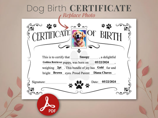 Dog birth certificate home printable and editable. Manual and Digital fullfilment