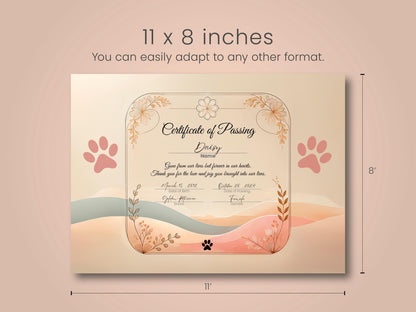 Size / Dimentions Editable Dog Certificate of passing Printable and Digital use Canva template female male Puppy Gender Customizable Template Pet Memorial paw