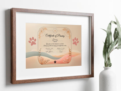 Framed Dog Certificate of passing Printable and Digital use Canva template female male Puppy Gender Customizable Template Pet Memorial paw