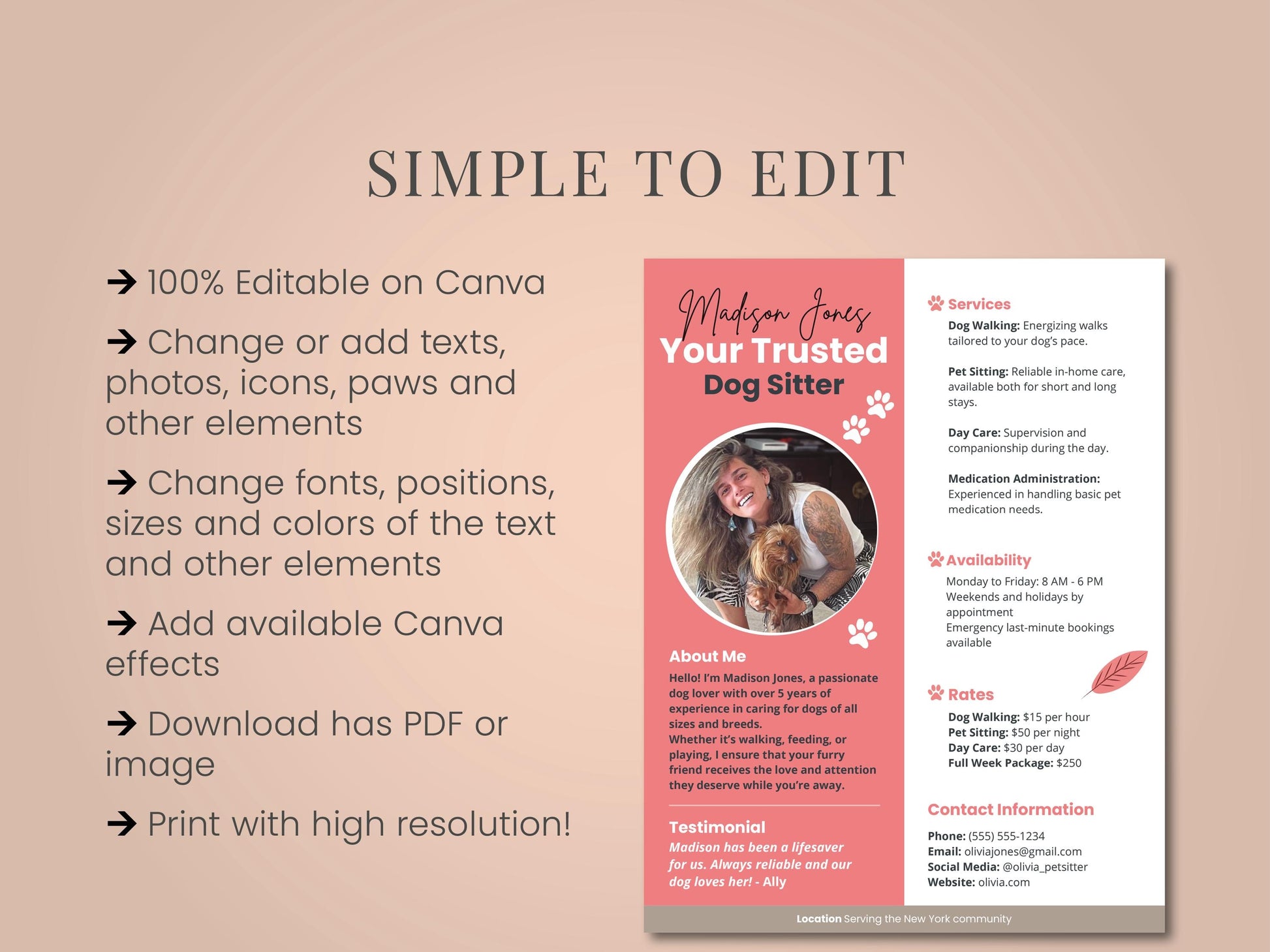 simple to edit Kit Dog Sitter Resume and Notes CANVA Template editable Professional Pet Care Services Profile custom Media Kit dog sitting Pet Sitting Ad