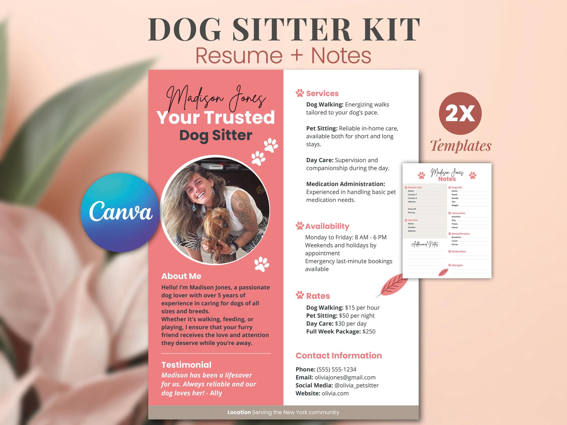 Kit Dog Sitter Resume and Notes CANVA Template editable Professional Pet Care Services Profile custom Media Kit dog sitting Pet Sitting Ad