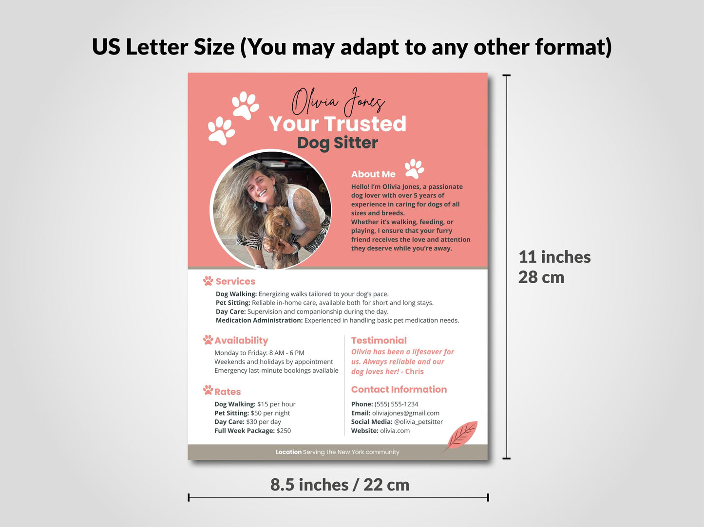 Size 11x8.5 inches. Dog Sitter Profile CANVA Template Customizable Professional Pet Care Services Brochure Digital Download custom dog sitting Pet Sitting Ad