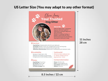 Size 11x8.5 inches. Dog Sitter Profile CANVA Template Customizable Professional Pet Care Services Brochure Digital Download custom dog sitting Pet Sitting Ad