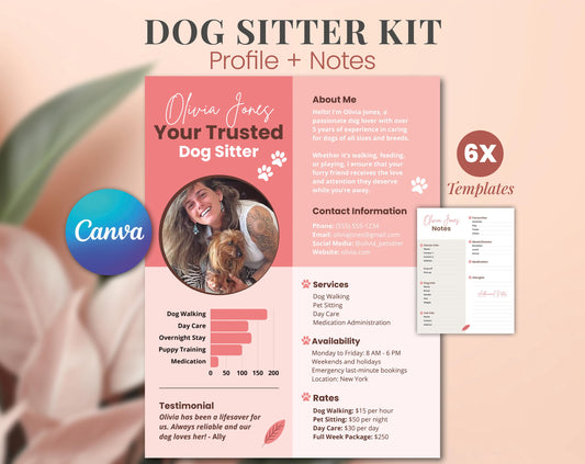 Dog Sitter Kit Profile notes CANVA Template resume editable Professional Pet Care Services Resume custom Media Kit dog sitting Pet Sitting