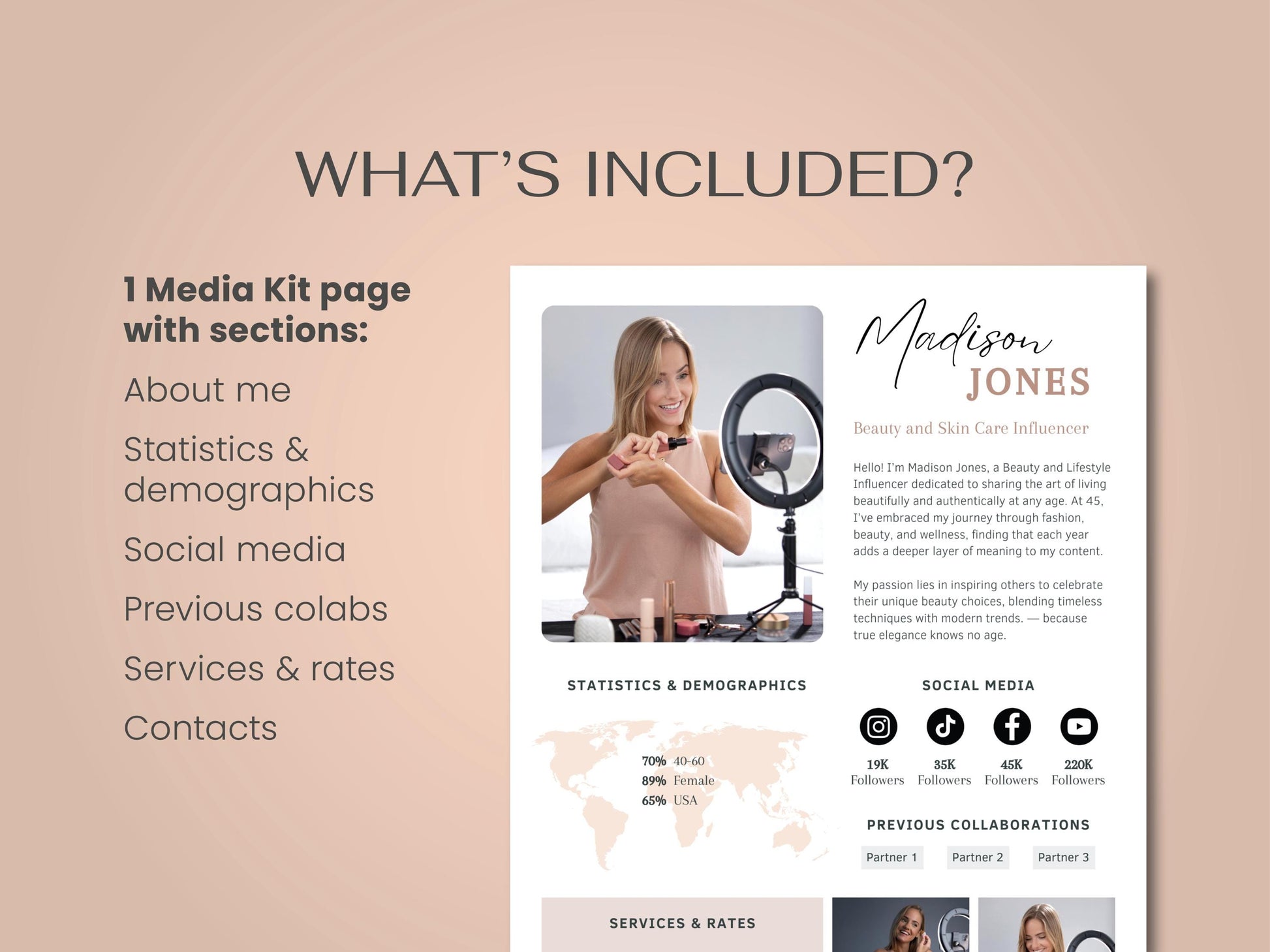 whats included? Media Kit Influencer CANVA Editable Template Professional beauty skin care Blogger Press Kit Services Profile instagram tiktok facebook ad