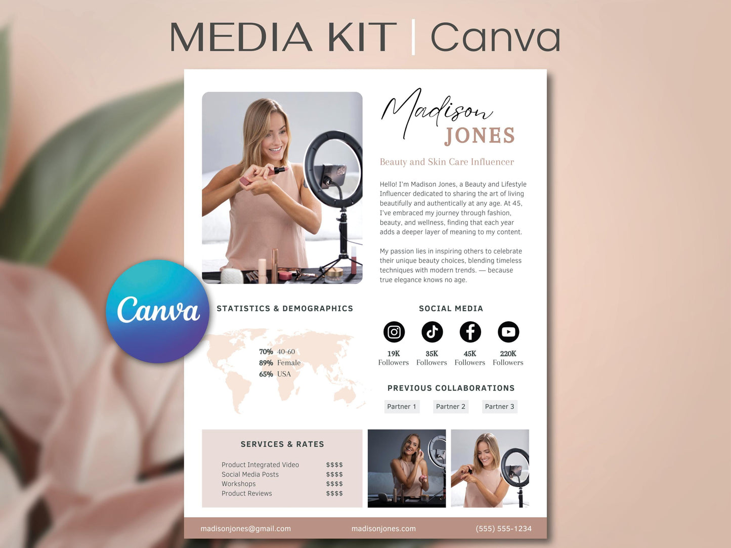 Media Kit Influencer CANVA Editable Template Professional beauty skin care Blogger Press Kit Services Profile instagram tiktok facebook ad