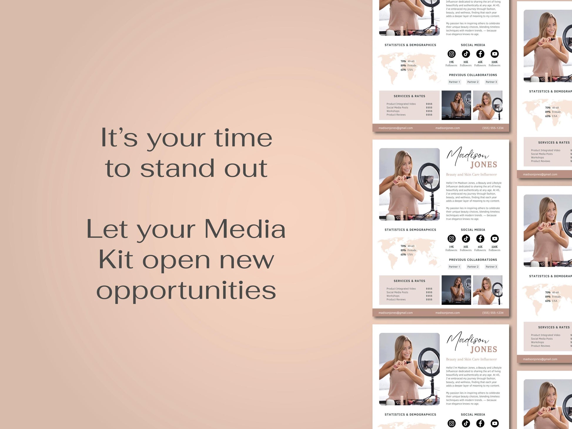 Media Kit Influencer CANVA Editable Template Professional beauty skin care Blogger Press Kit Services Profile instagram tiktok facebook ad