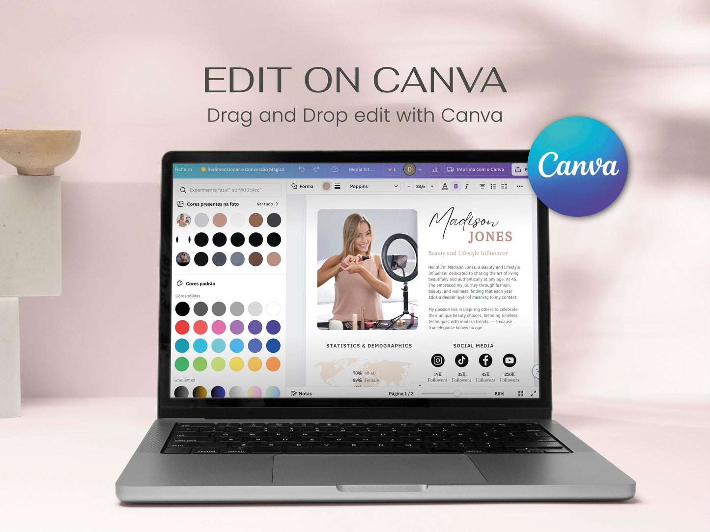 Media Kit Influencer CANVA Editable Template Professional beauty skin care Blogger Press Kit Services Profile instagram tiktok facebook ad