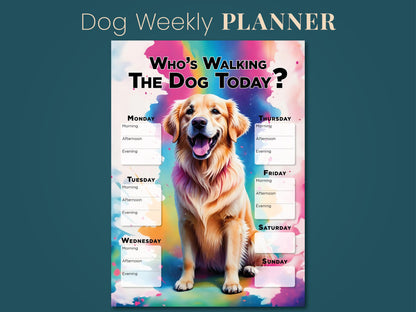 Printable Golden Retriever Dog weekly walking planner schedule, Planner Sheet for dog walking, Dog lover gift, family gift home kitchen fun