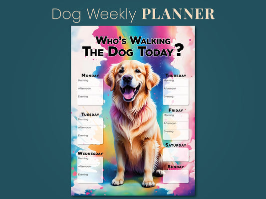 Printable Golden Retriever Dog weekly walking planner schedule, Planner Sheet for dog walking, Dog lover gift, family gift home kitchen fun