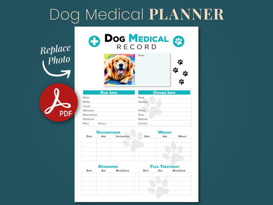 Editable Printable and Digital use Dog Medical Record schedule Planner Sheet PDF Vet Health Tracker, Manual Fulfillment, Dog sitting gift