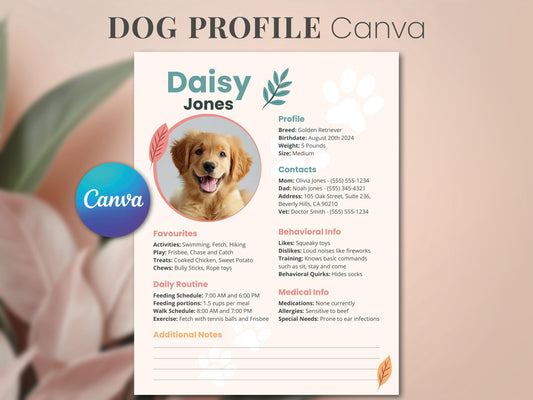 Pet Profile CANVA Template Printable Instant Digital Download Pet Sitter Notes, dog Information pet Printable Notes dog sitting puppy care