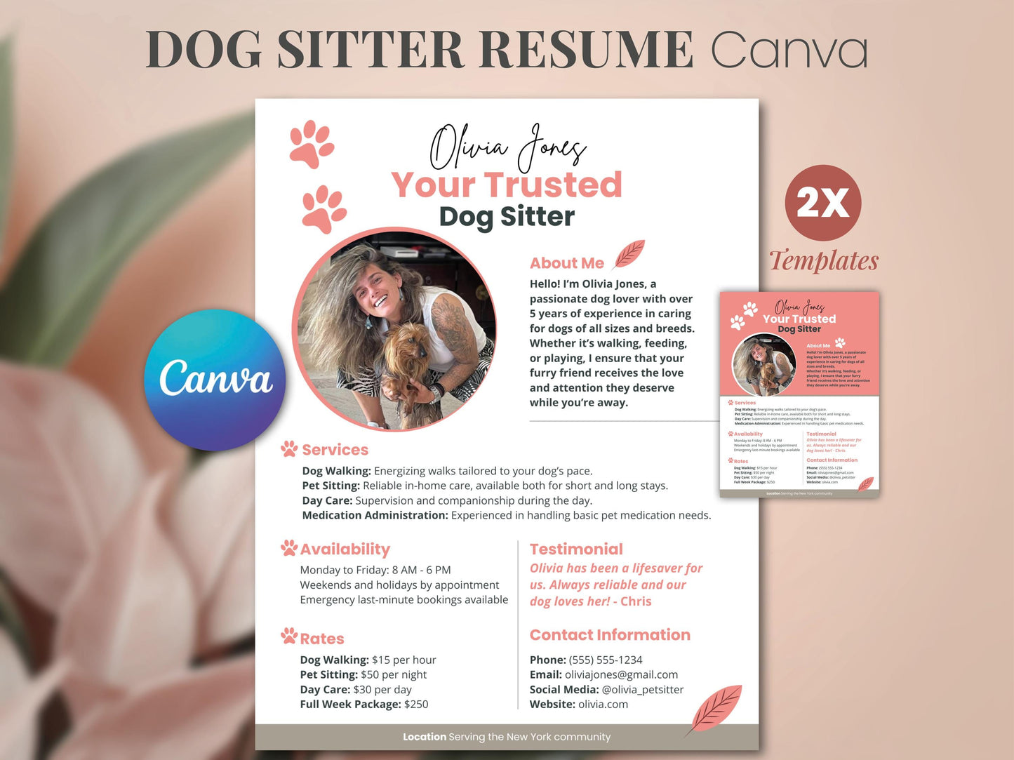 Dog Sitter Resume CANVA Template editable Professional Pet Care Services Brochure Profile custom Media Kit dog sitting Pet Sitting Ad