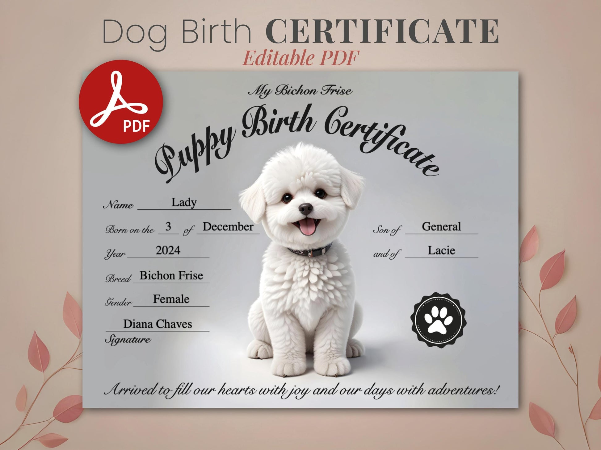 Bichon Frise Dog Birth Certificate for Girl or Boy Puppy Printable and Digital use Personalized cute editable Bichon Frise Dog registry pdf