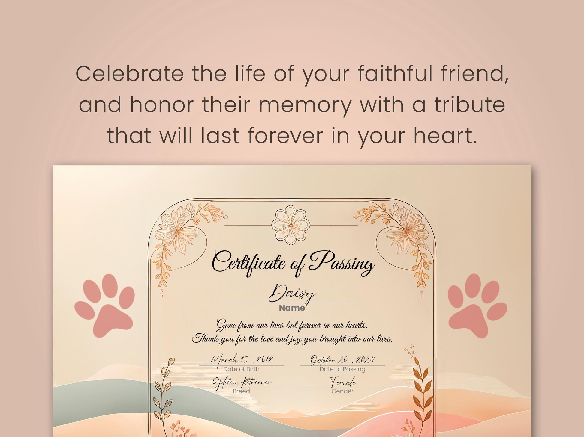 Editable Dog Certificate of passing Printable and Digital use Canva template female male Puppy Gender Customizable Template Pet Memorial paw