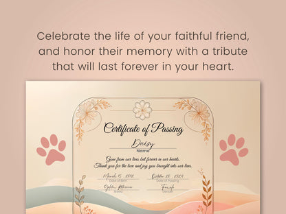 Editable Dog Certificate of passing Printable and Digital use Canva template female male Puppy Gender Customizable Template Pet Memorial paw