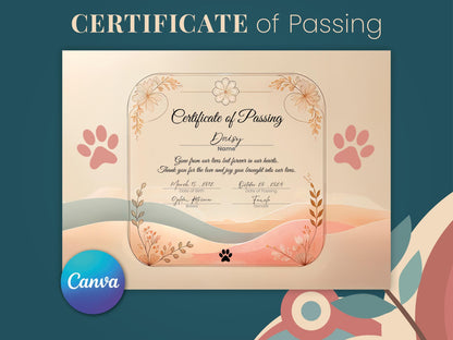 Editable Dog Certificate of passing Printable and Digital use Canva template female male Puppy Gender Customizable Template Pet Memorial paw