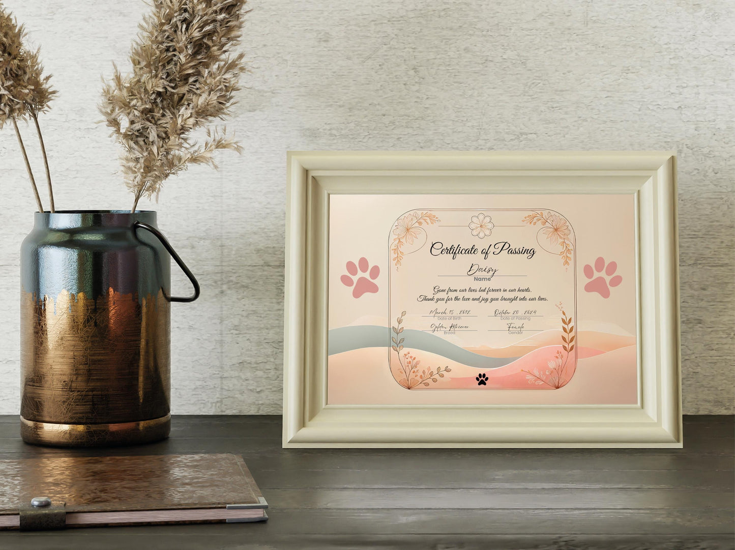 Editable Dog Certificate of passing Printable and Digital use Canva template female male Puppy Gender Customizable Template Pet Memorial paw