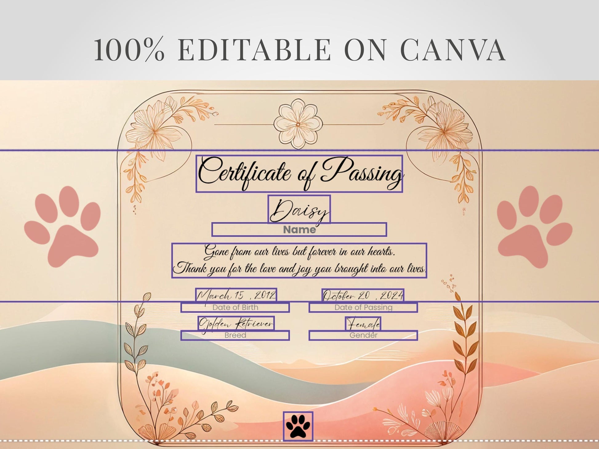 fully editable on Canva. Editable Dog Certificate of passing Printable and Digital use Canva template female male Puppy Gender Customizable Template Pet Memorial paw